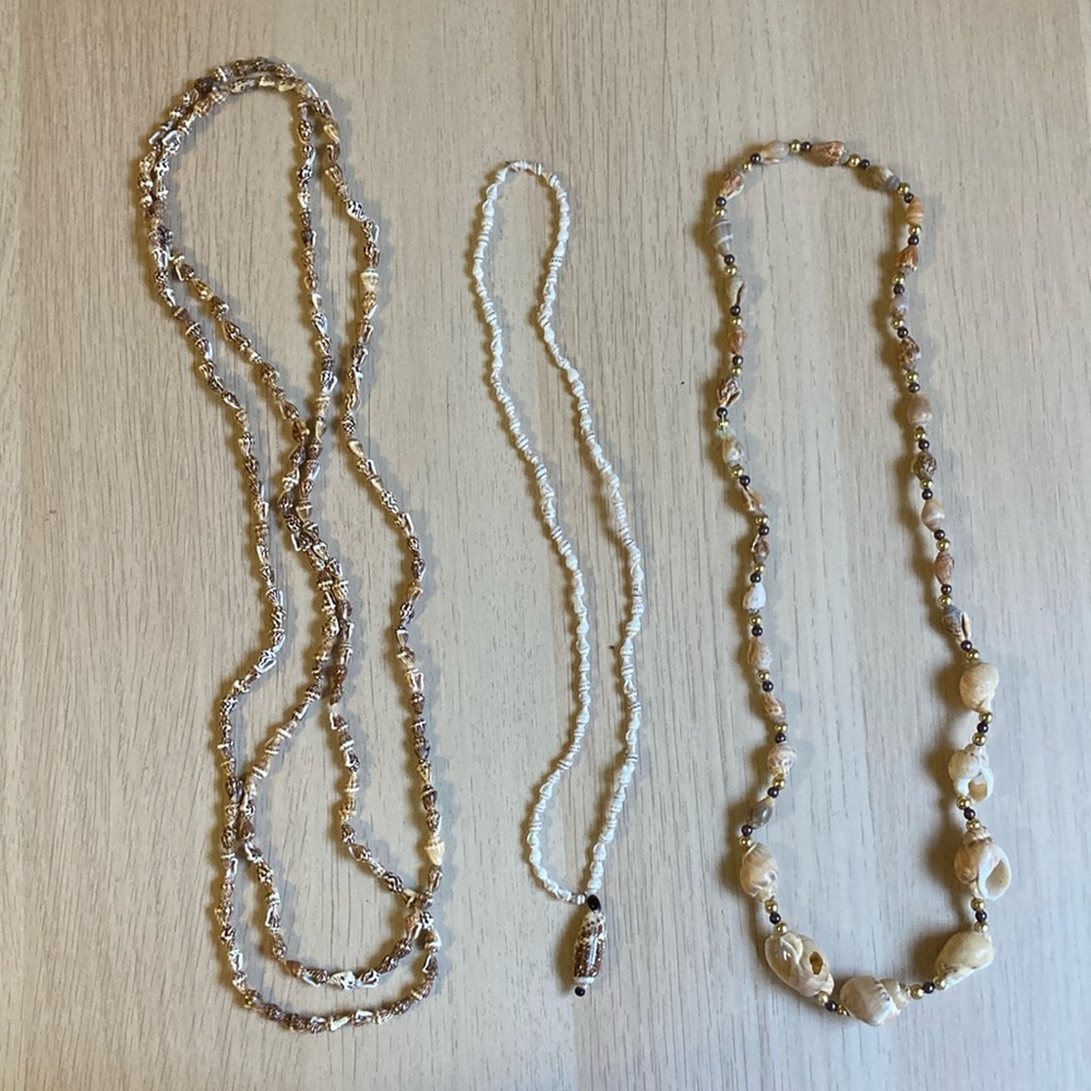 Set of 3 vintage shell necklaces, brown, white, cream, beach vibes
